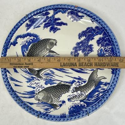 Blue and White Chinese Porcelain 12” Plate Platter with Koi Fish