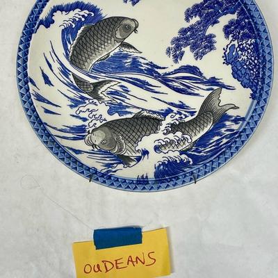 Blue and White Chinese Porcelain 12” Plate Platter with Koi Fish