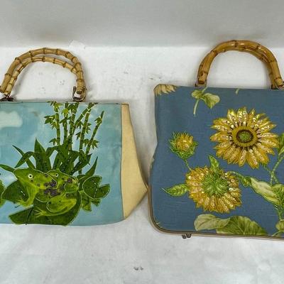 Vintage Handbag Purse Lot Embellished Fabric Frogs Sunflowers Bamboo Handles