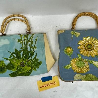 Vintage Handbag Purse Lot Embellished Fabric Frogs Sunflowers Bamboo Handles