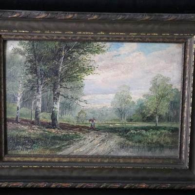 Original Antique Oil on Canvas of Rural Woman in Forested Landscape Scene by B. Lambert