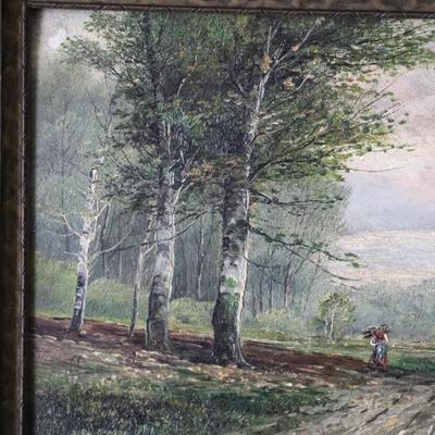 Original Antique Oil on Canvas of Rural Woman in Forested Landscape Scene by B. Lambert