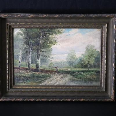Original Antique Oil on Canvas of Rural Woman in Forested Landscape Scene by B. Lambert