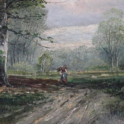 Original Antique Oil on Canvas of Rural Woman in Forested Landscape Scene by B. Lambert