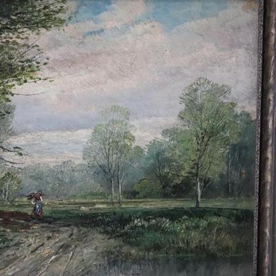 Original Antique Oil on Canvas of Rural Woman in Forested Landscape Scene by B. Lambert