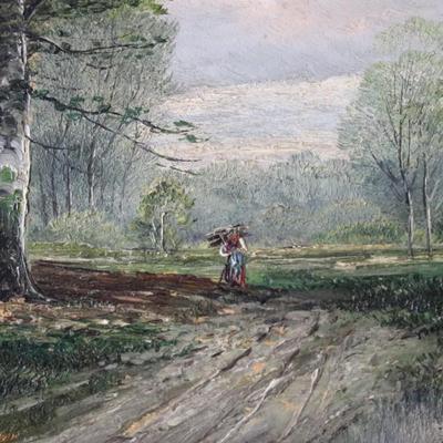 Original Antique Oil on Canvas of Rural Woman in Forested Landscape Scene by B. Lambert