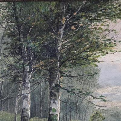 Original Antique Oil on Canvas of Rural Woman in Forested Landscape Scene by B. Lambert