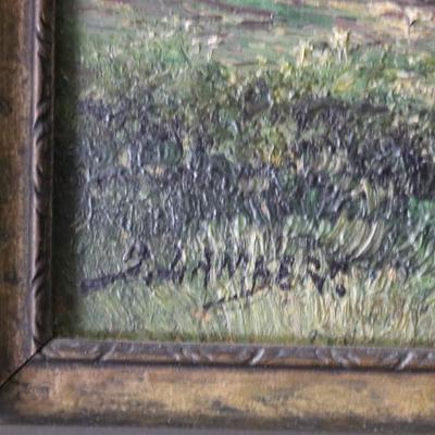 Original Antique Oil on Canvas of Rural Woman in Forested Landscape Scene by B. Lambert