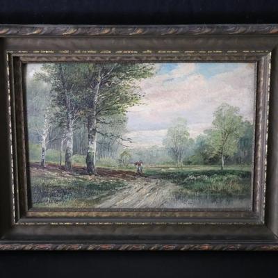 Original Antique Oil on Canvas of Rural Woman in Forested Landscape Scene by B. Lambert
