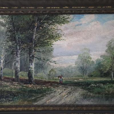 Original Antique Oil on Canvas of Rural Woman in Forested Landscape Scene by B. Lambert