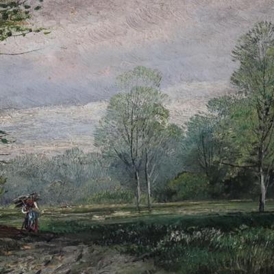 Original Antique Oil on Canvas of Rural Woman in Forested Landscape Scene by B. Lambert