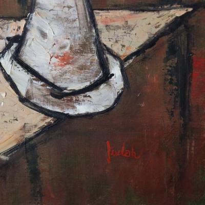 Original Mid Century Modernist Abstract Still Life Painting of Fruits and Dark Flowers by Judah
