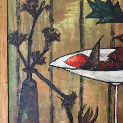Original Mid Century Modernist Abstract Still Life Painting of Fruits and Dark Flowers by Judah