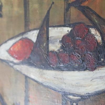 Original Mid Century Modernist Abstract Still Life Painting of Fruits and Dark Flowers by Judah