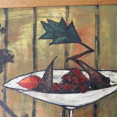 Original Mid Century Modernist Abstract Still Life Painting of Fruits and Dark Flowers by Judah