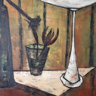 Original Mid Century Modernist Abstract Still Life Painting of Fruits and Dark Flowers by Judah