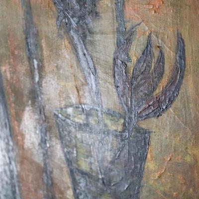 Original Mid Century Modernist Abstract Still Life Painting of Fruits and Dark Flowers by Judah