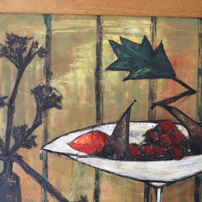 Original Mid Century Modernist Abstract Still Life Painting of Fruits and Dark Flowers by Judah