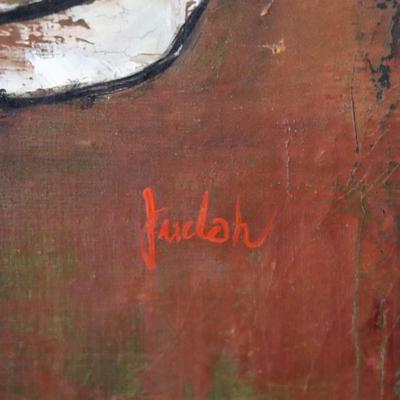 Original Mid Century Modernist Abstract Still Life Painting of Fruits and Dark Flowers by Judah