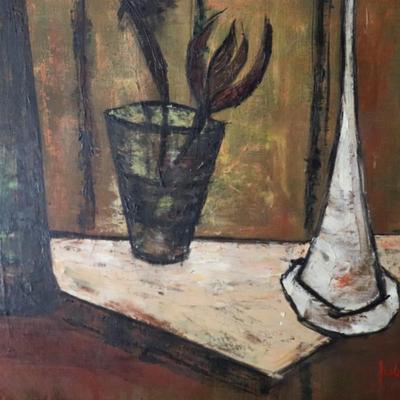 Original Mid Century Modernist Abstract Still Life Painting of Fruits and Dark Flowers by Judah