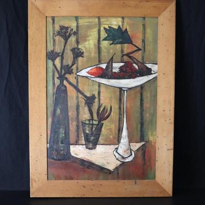 Original Mid Century Modernist Abstract Still Life Painting of Fruits and Dark Flowers by Judah