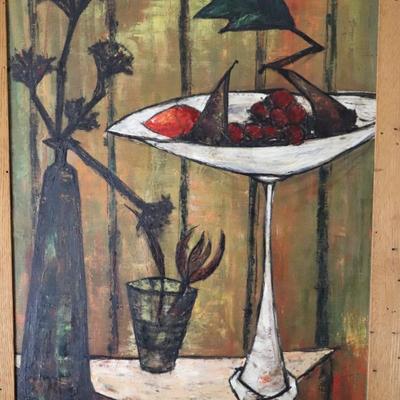 Original Mid Century Modernist Abstract Still Life Painting of Fruits and Dark Flowers by Judah
