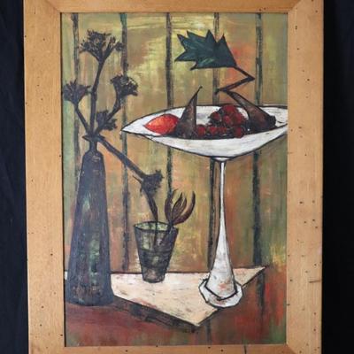 Original Mid Century Modernist Abstract Still Life Painting of Fruits and Dark Flowers by Judah