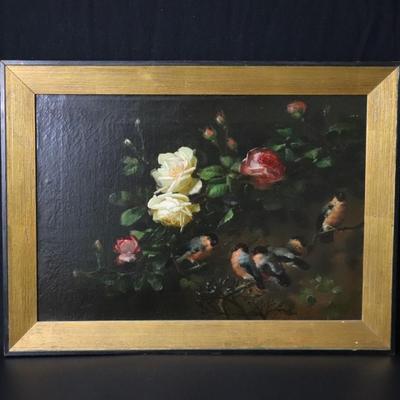Original 1881 George Herzog Oil Painting on Canvas of Birds Perched on Rose Branch in Bower
