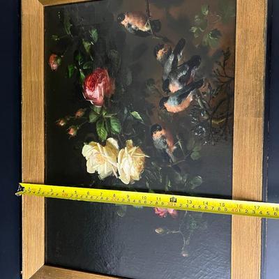 Original 1881 George Herzog Oil Painting on Canvas of Birds Perched on Rose Branch in Bower