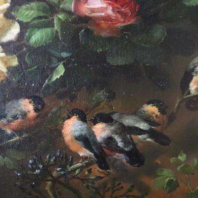 Original 1881 George Herzog Oil Painting on Canvas of Birds Perched on Rose Branch in Bower