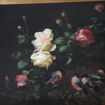 Original 1881 George Herzog Oil Painting on Canvas of Birds Perched on Rose Branch in Bower