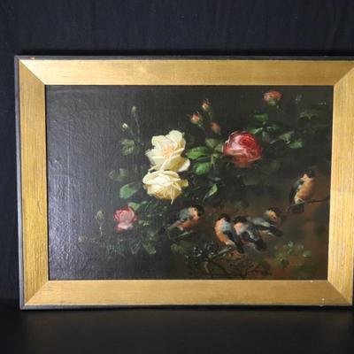 Original 1881 George Herzog Oil Painting on Canvas of Birds Perched on Rose Branch in Bower