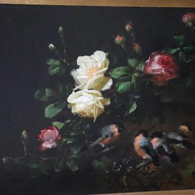 Original 1881 George Herzog Oil Painting on Canvas of Birds Perched on Rose Branch in Bower