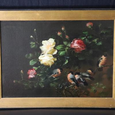 Original 1881 George Herzog Oil Painting on Canvas of Birds Perched on Rose Branch in Bower