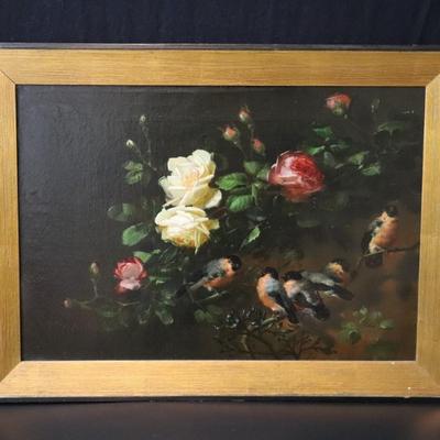 Original 1881 George Herzog Oil Painting on Canvas of Birds Perched on Rose Branch in Bower
