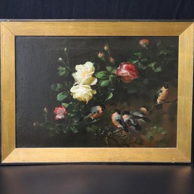 Original 1881 George Herzog Oil Painting on Canvas of Birds Perched on Rose Branch in Bower
