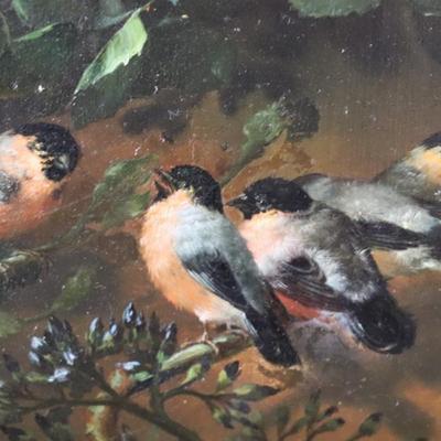 Original 1881 George Herzog Oil Painting on Canvas of Birds Perched on Rose Branch in Bower