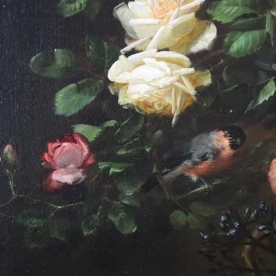 Original 1881 George Herzog Oil Painting on Canvas of Birds Perched on Rose Branch in Bower