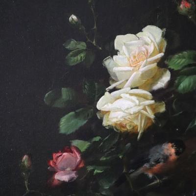 Original 1881 George Herzog Oil Painting on Canvas of Birds Perched on Rose Branch in Bower