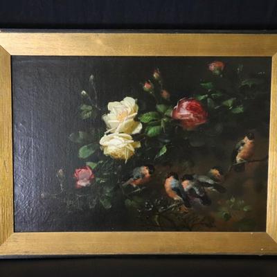 Original 1881 George Herzog Oil Painting on Canvas of Birds Perched on Rose Branch in Bower
