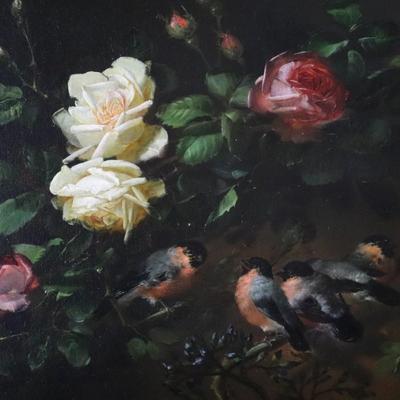 Original 1881 George Herzog Oil Painting on Canvas of Birds Perched on Rose Branch in Bower