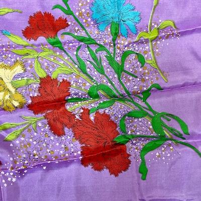 Vintage Purple Scarf with Red Yellow Blue Flowers Rayon & Silk Hand Rolled Made in Japan