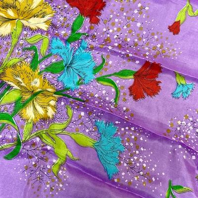 Vintage Purple Scarf with Red Yellow Blue Flowers Rayon & Silk Hand Rolled Made in Japan