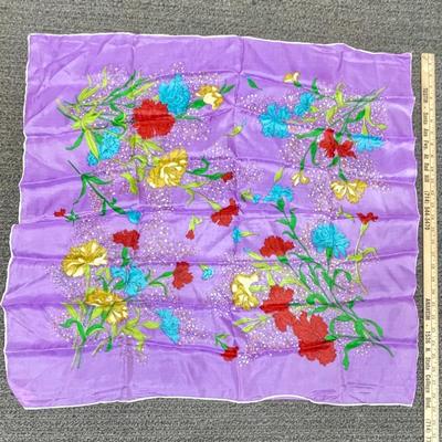 Vintage Purple Scarf with Red Yellow Blue Flowers Rayon & Silk Hand Rolled Made in Japan