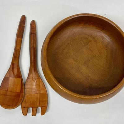 Vintage Wood Serving Bowl with Spoon and Fork