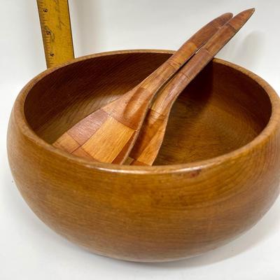 Vintage Wood Serving Bowl with Spoon and Fork