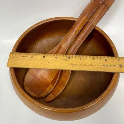 Vintage Wood Serving Bowl with Spoon and Fork
