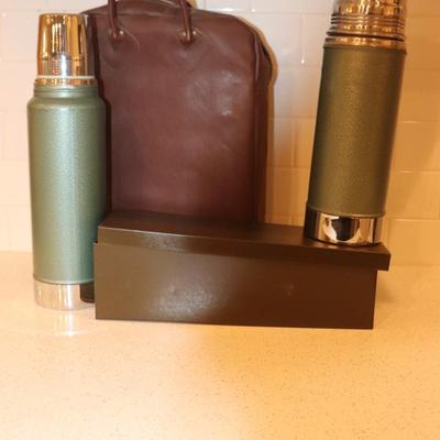 Two vintage stanley and a vintage brown pleather LL&B bean carrier