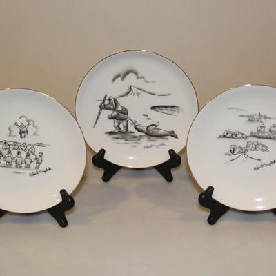 Vintage Mid Century Robert Mayokok Plate With Hunter/Seal Scene Set of 3