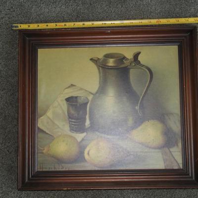 Vintage Still Life Picture Green Pears/Pitcher/Cup. Wall/Shelf Art Decor.